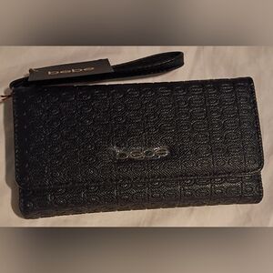 Brand New & Unused Bebe Black Logo Folding Women's Wristlet Wallet/Clutch Bag